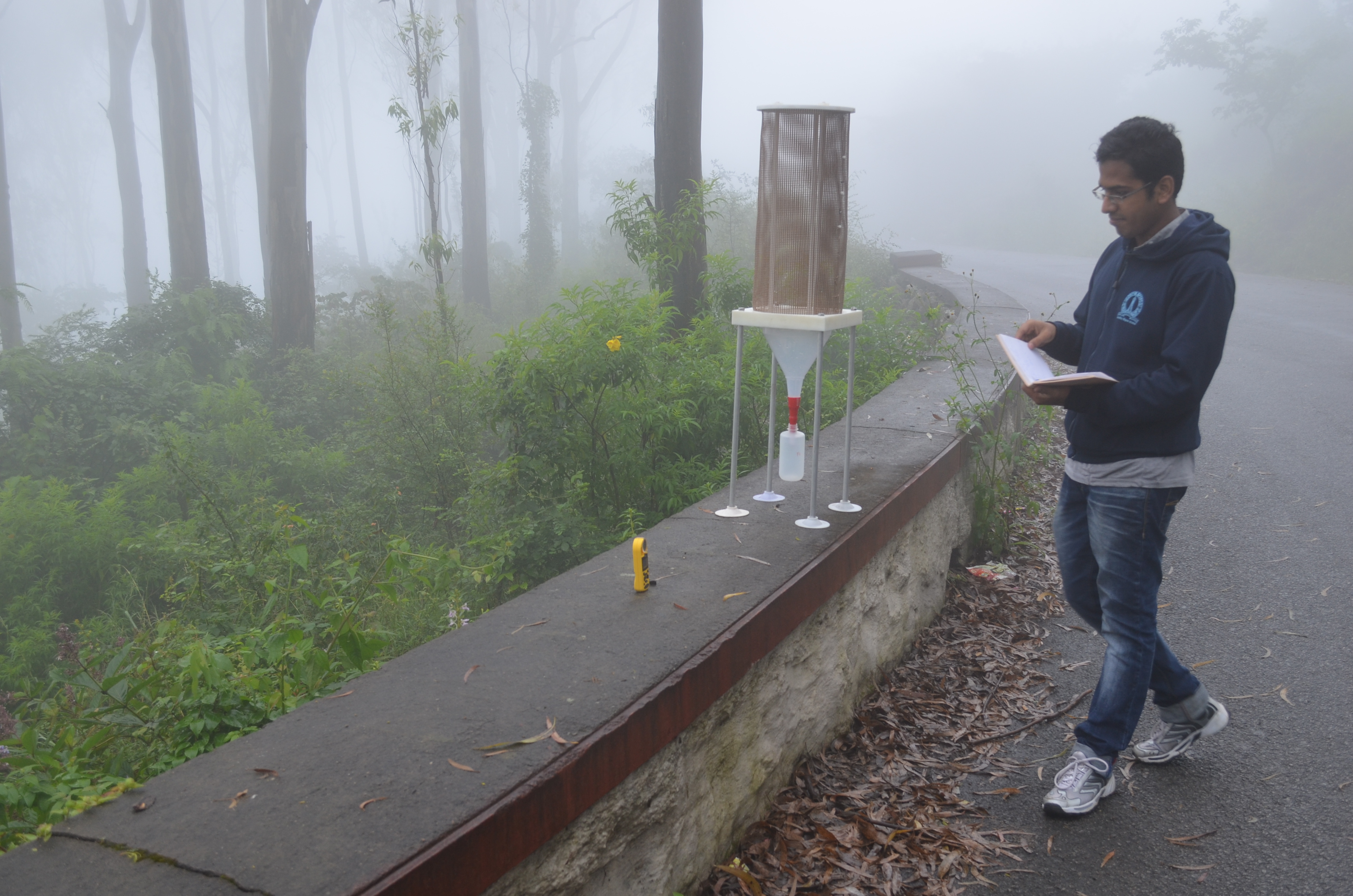 Collecting fog water in Nandi Hills, Karnataka, India